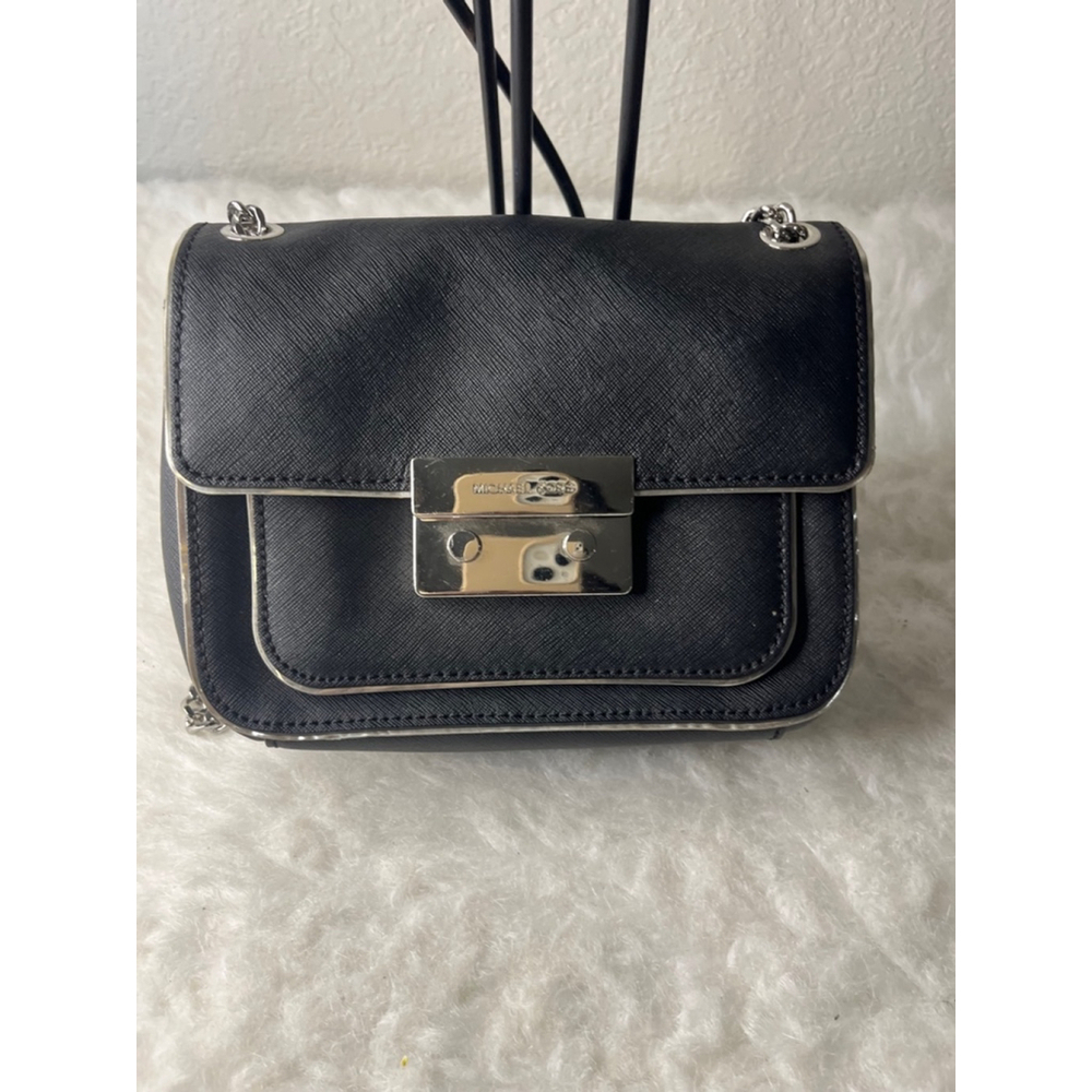 Michael Kors Sloan Specchio Shoulder Flap Bag Black Saffiano Leather Silver Trim